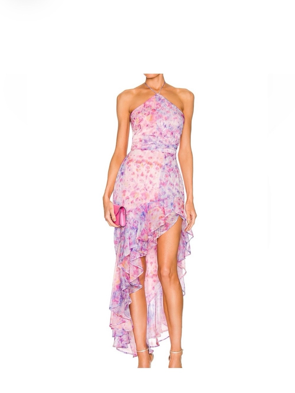 Amanda Uprichard Pink Lavender Floral Asymmetrical Halter Dress